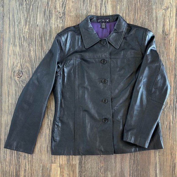 J.G. Hook Black Leather Jacket Womens Lg Button Front Purple Lined Classic Chic - Picture 1 of 15